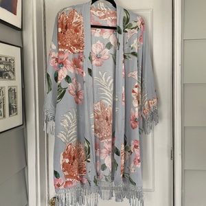 Kimono One Size Light Blue w/ Beautiful Floral Pattern and tassel details